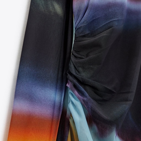 Zara Mesh Long Sleeve Sunset Drape Long Summer Gradient Dress Medium - Picture 5 of 7